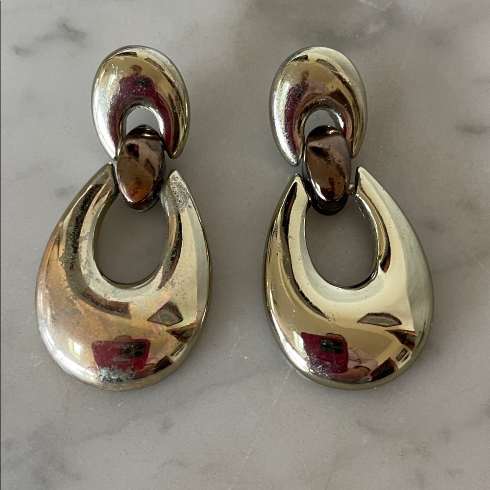 GIVENCHY Rare Two-Tone Gold Bronze Door Knocker Post Drop Earrings Vintage